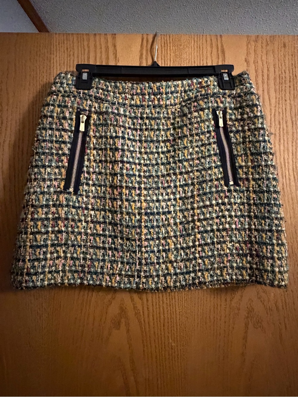 J. Crew Green Multi Tweed Mini Skirt with Zip Pockets